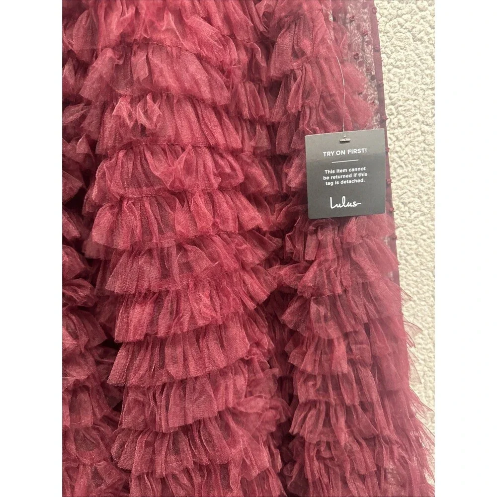 LULUS Elegant Red Wine Cocktail Dress Size S Dot Tullie Ruffles NWT - Picture 2 of 11